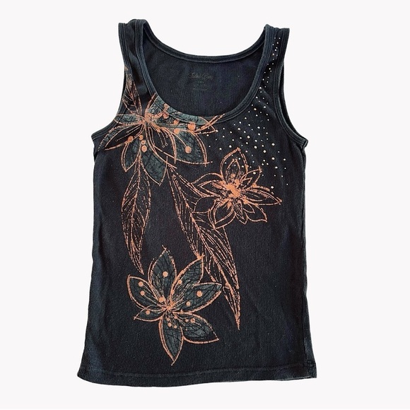 Faded Glory Tops - Faded Glory Y2K Black Copper Floral Bling Sleeveless Top Tee Tank Women’s Small